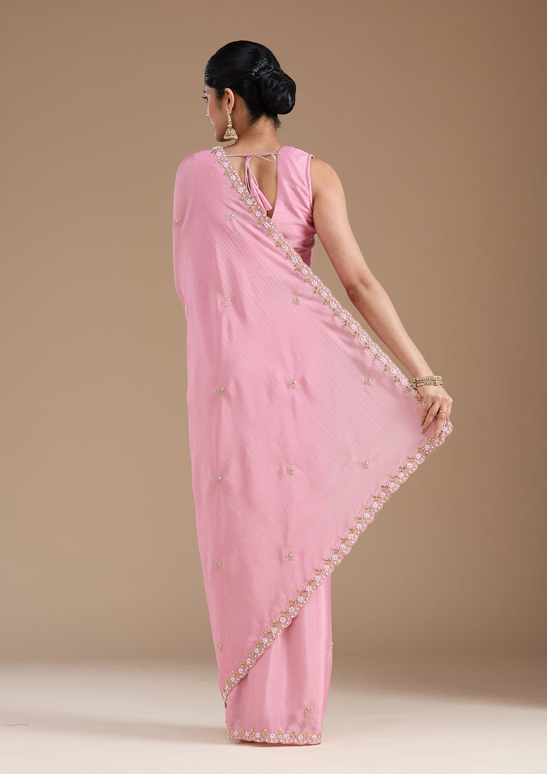 Onion Pink Zariwork (Gold) Chinon Saree