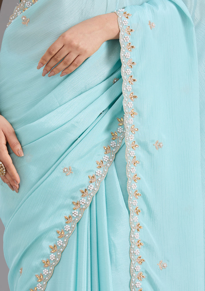Sky Blue Zariwork (Gold) Chinon Saree