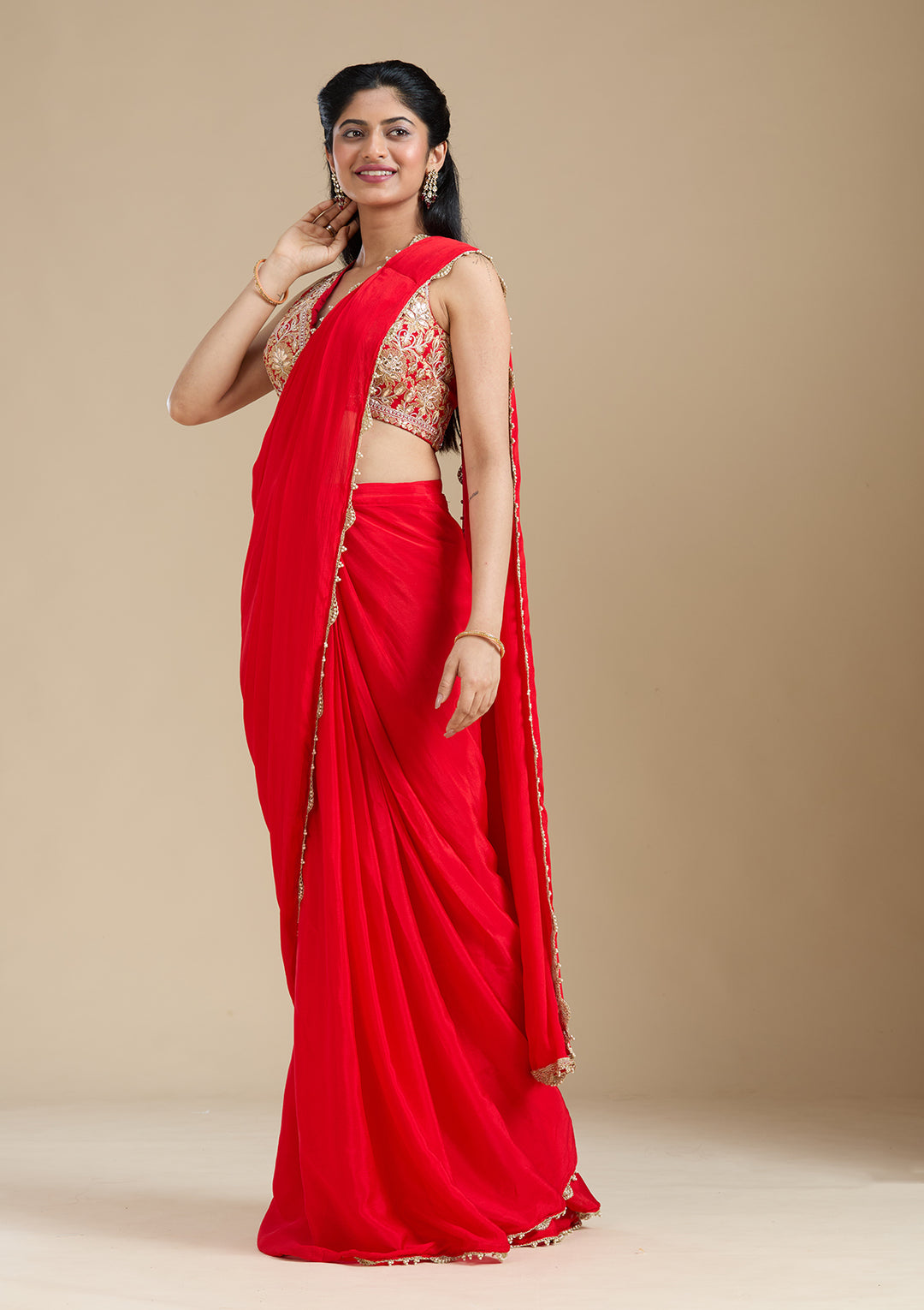 Red Cutdana Satin Saree