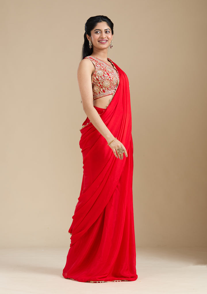 Red Cutdana Satin Saree