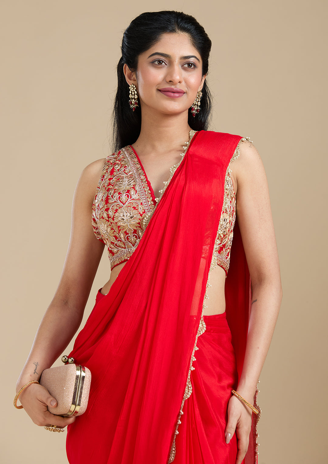 Red Cutdana Satin Saree