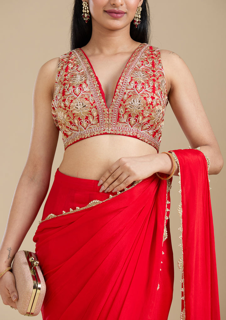 Red Cutdana Satin Saree