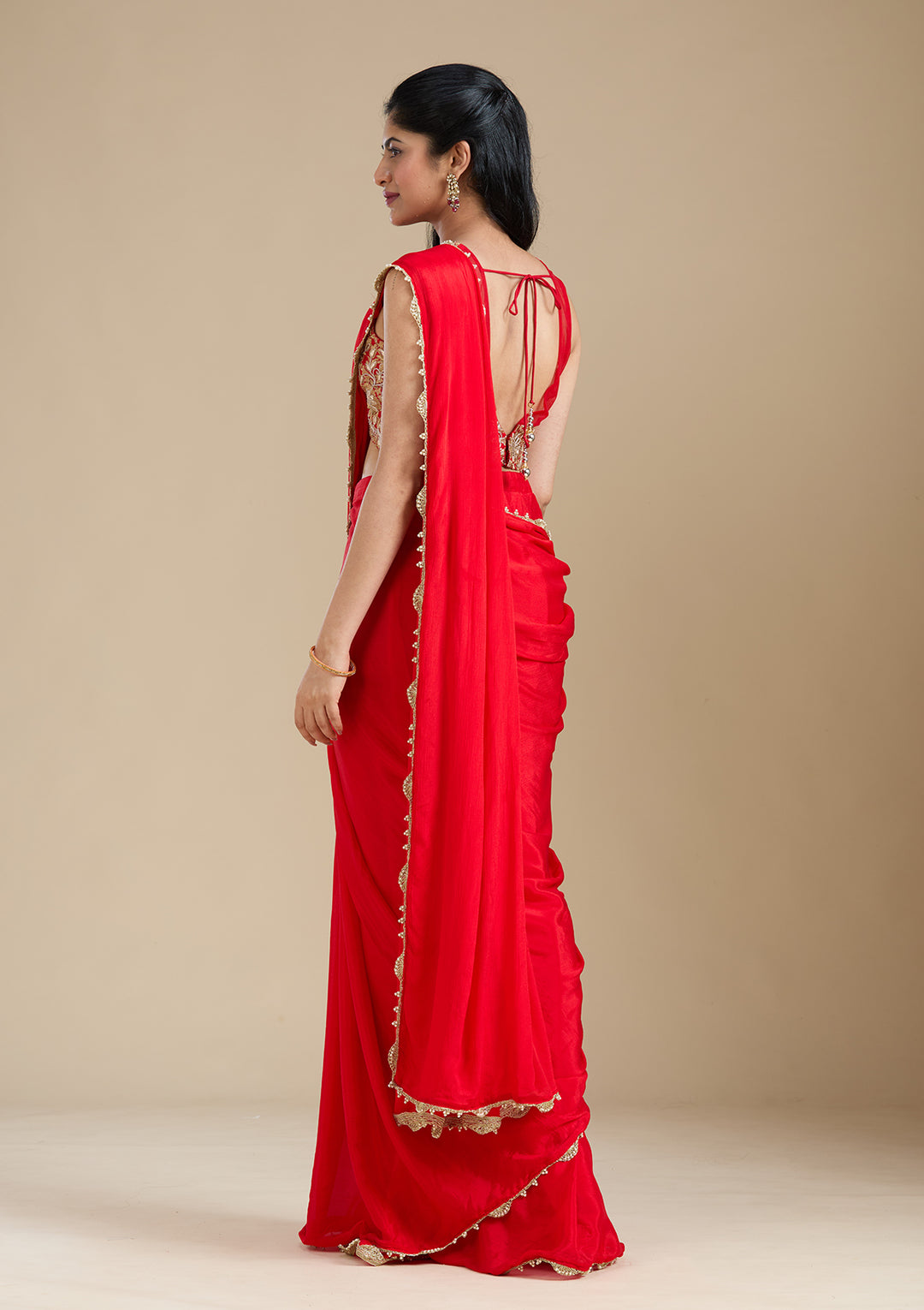 Red Cutdana Satin Saree