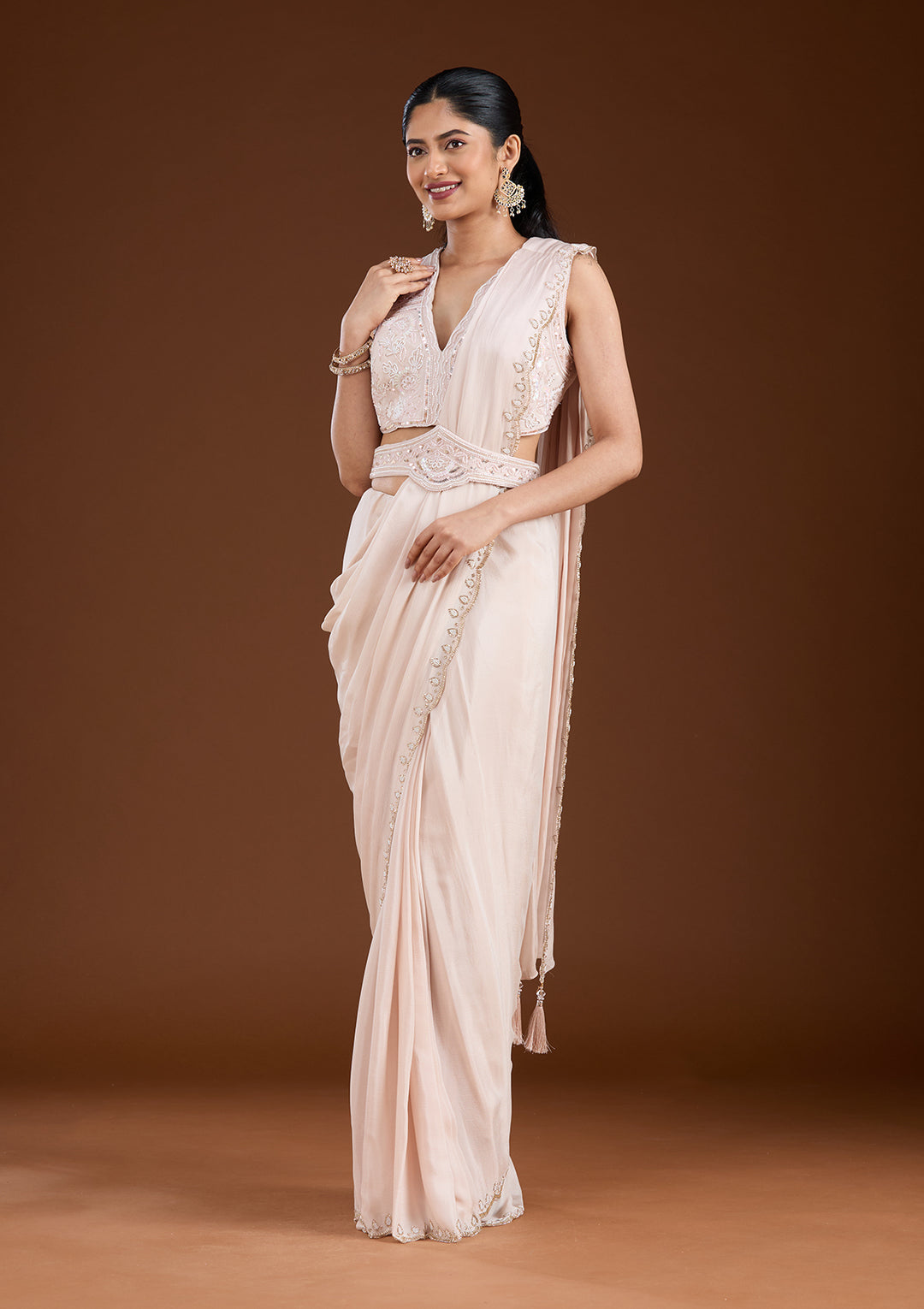 Off White Cutdana Satin Saree