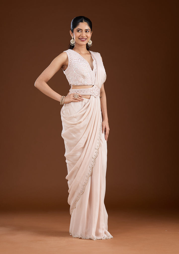 Off White Cutdana Satin Saree