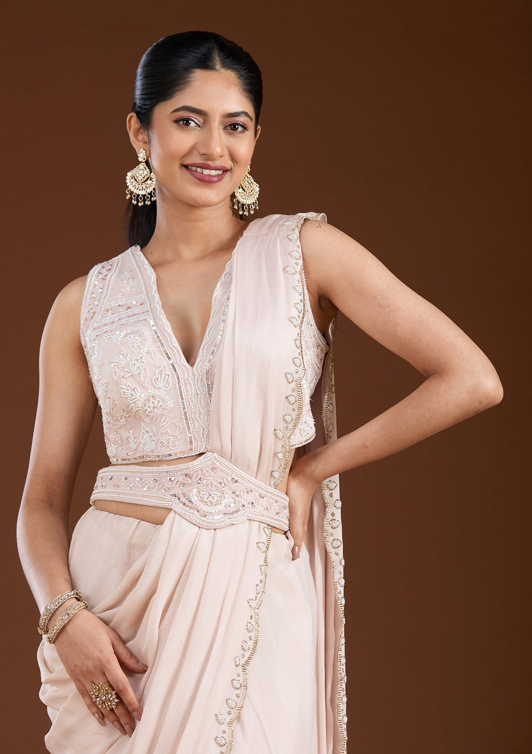 Off White Cutdana Satin Saree