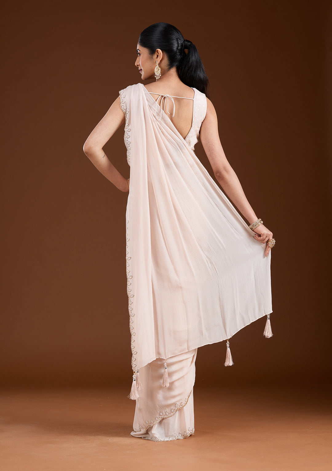 Off White Cutdana Satin Saree