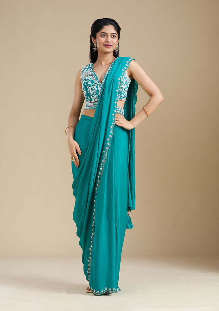 Turquoise Blue Cutdana Satin Saree