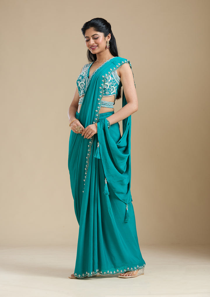Turquoise Blue Cutdana Satin Saree