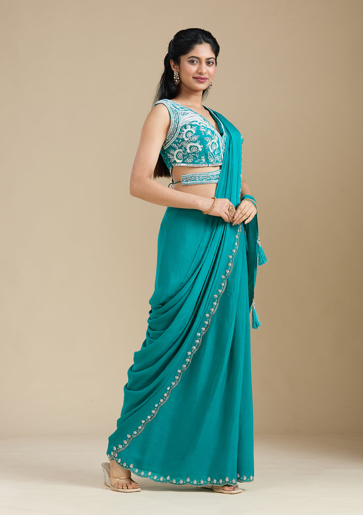 Turquoise Blue Cutdana Satin Saree
