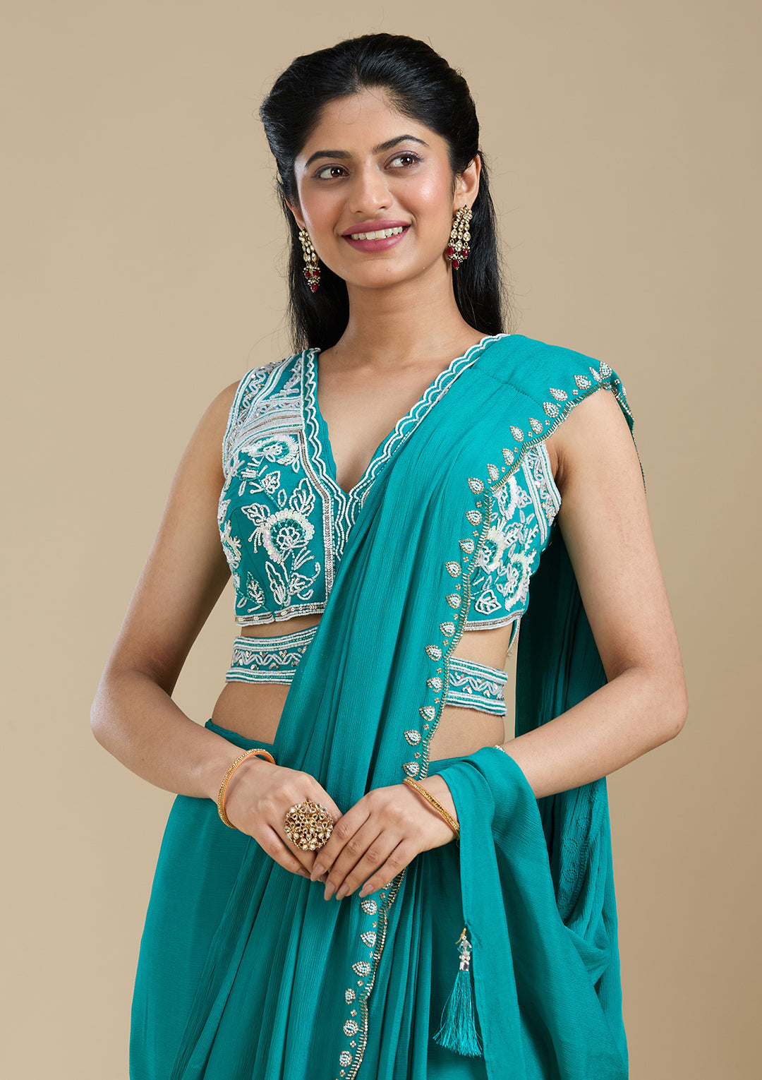 Turquoise Blue Cutdana Satin Saree