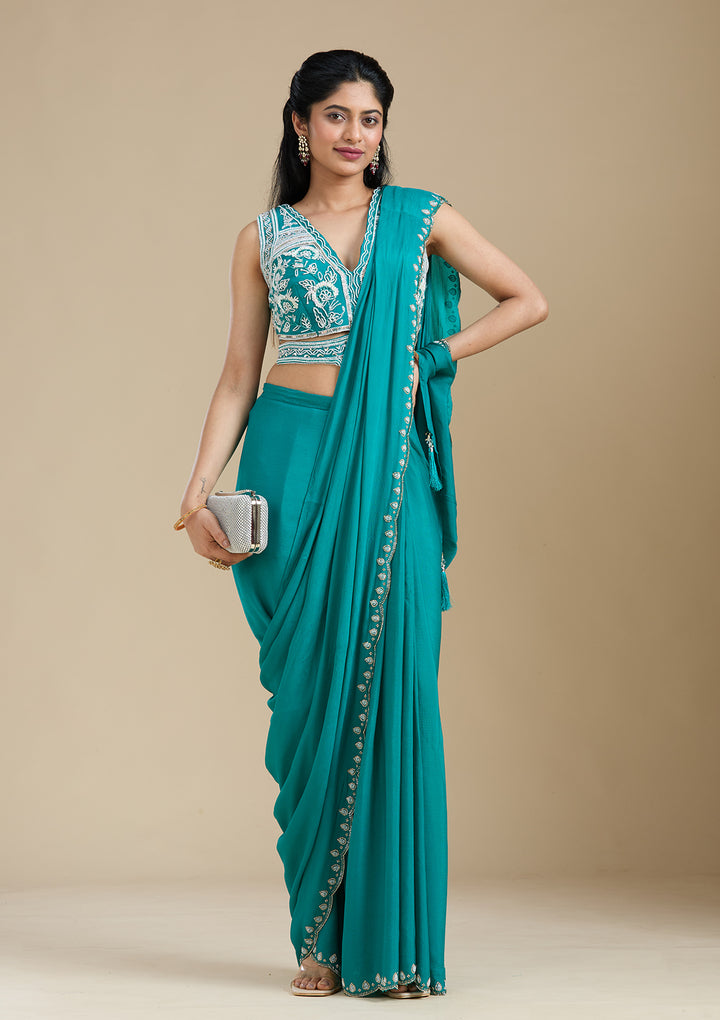 Turquoise Blue Cutdana Satin Saree