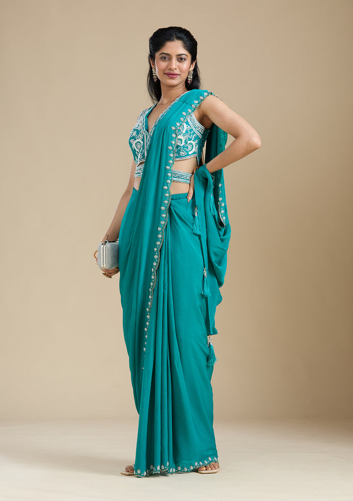 Turquoise Blue Cutdana Satin Saree