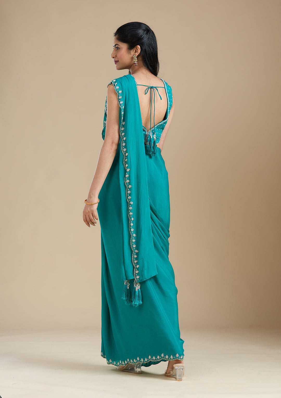 Turquoise Blue Cutdana Satin Saree