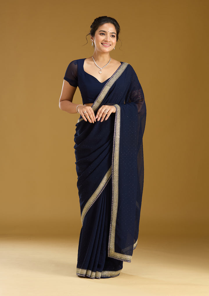 Navy Blue Zariwork (Silver) Georgette Saree