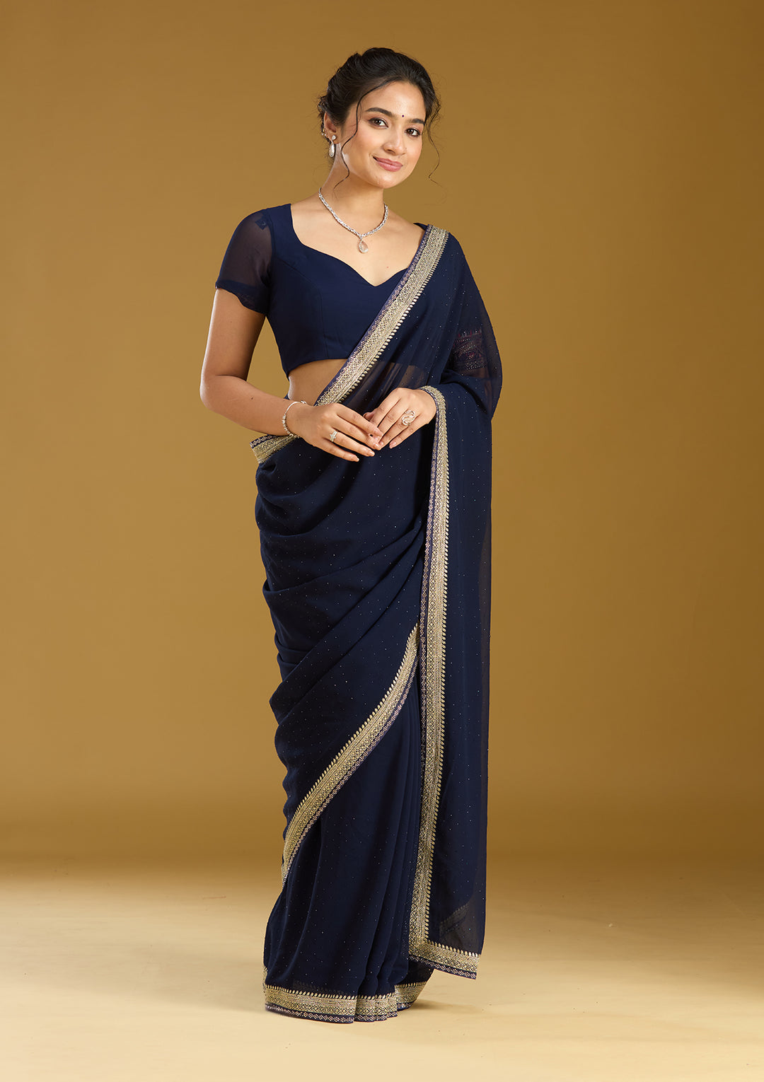 Navy Blue Zariwork (Silver) Georgette Saree