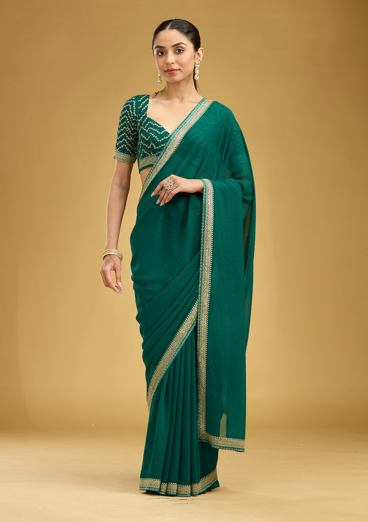 Teal Green Zariwork (Silver) Georgette Saree