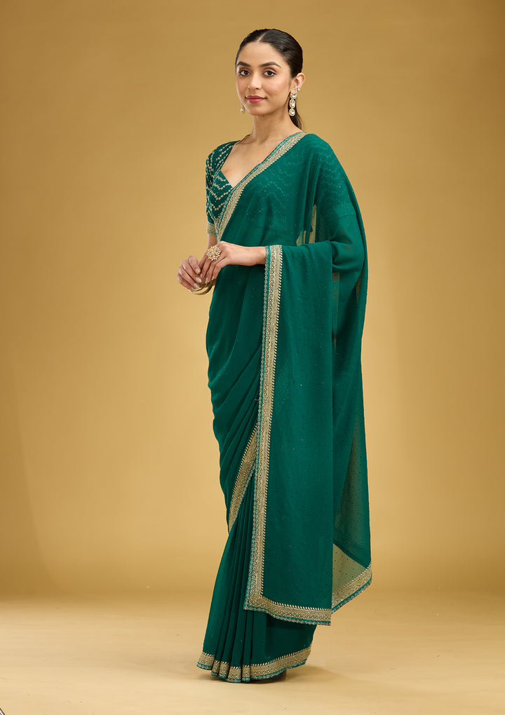 Teal Green Zariwork (Silver) Georgette Saree