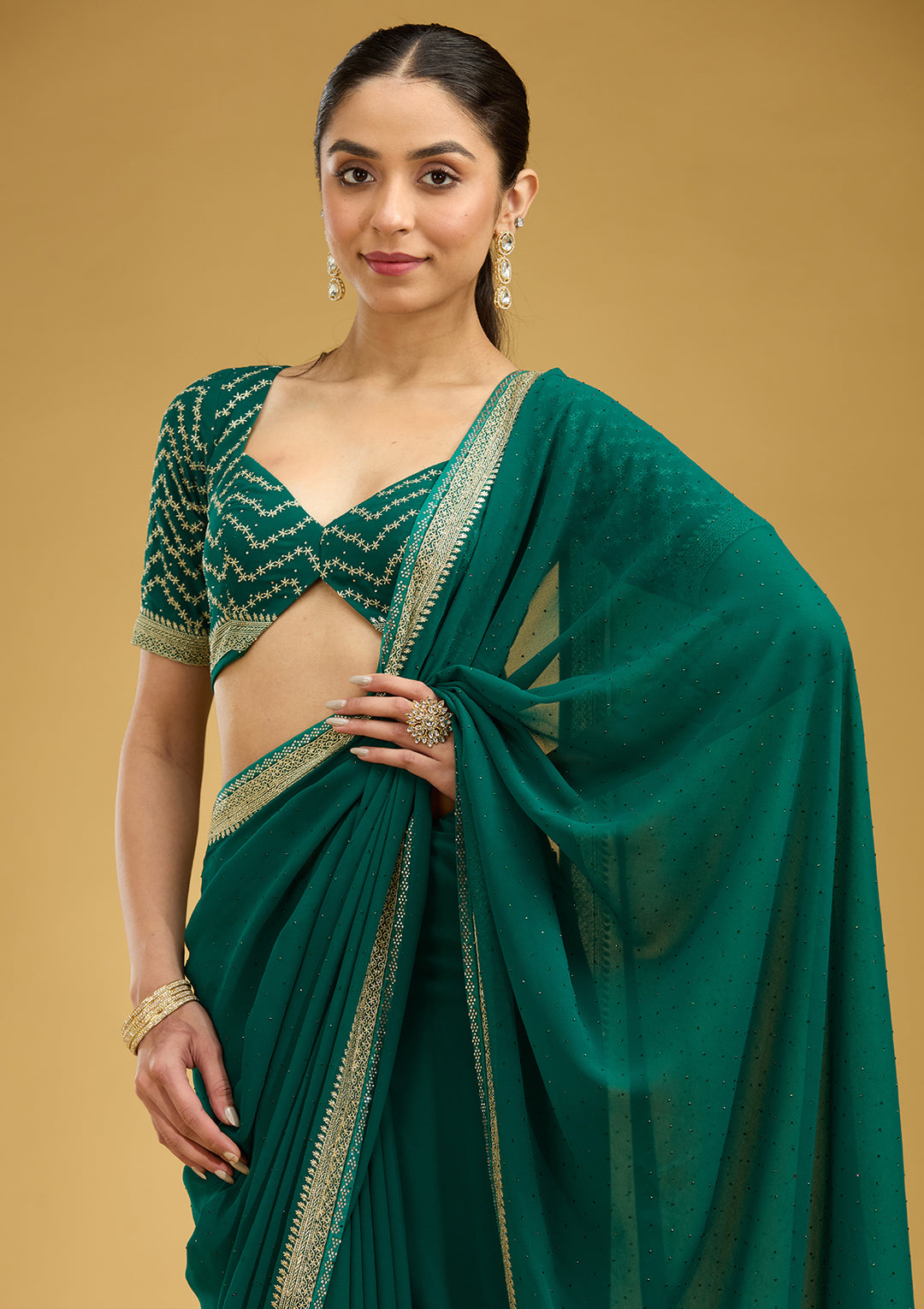 Teal Green Zariwork (Silver) Georgette Saree