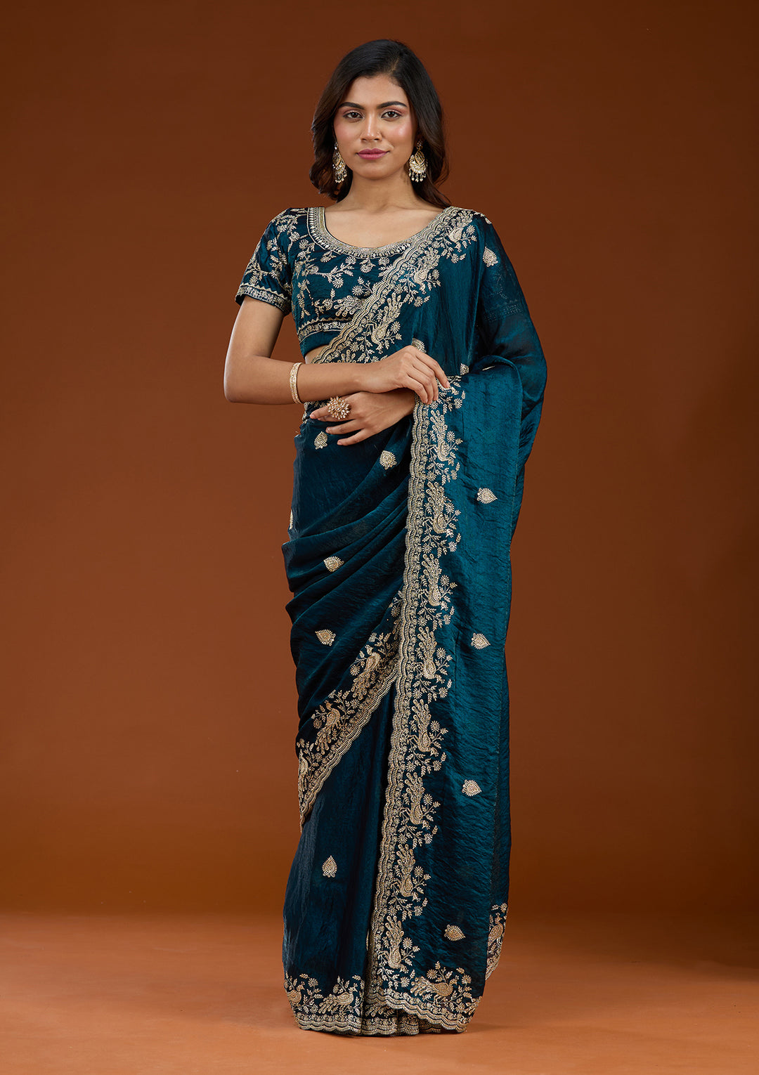 Peacock Blue Zariwork (Gold) Tissue Saree