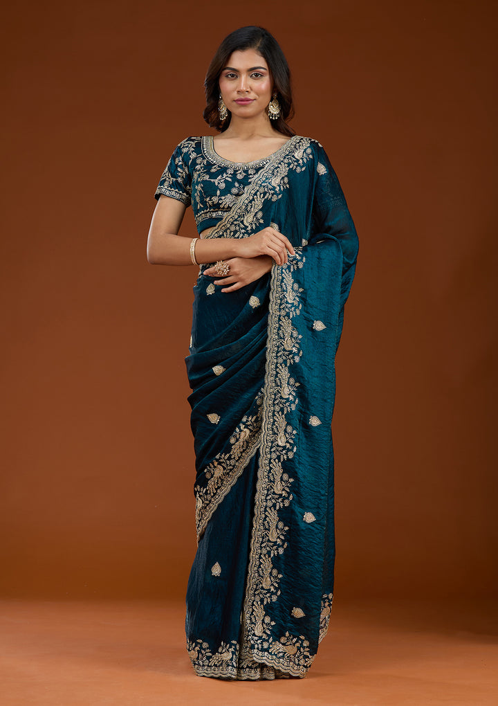 Peacock Blue Zariwork (Gold) Tissue Saree