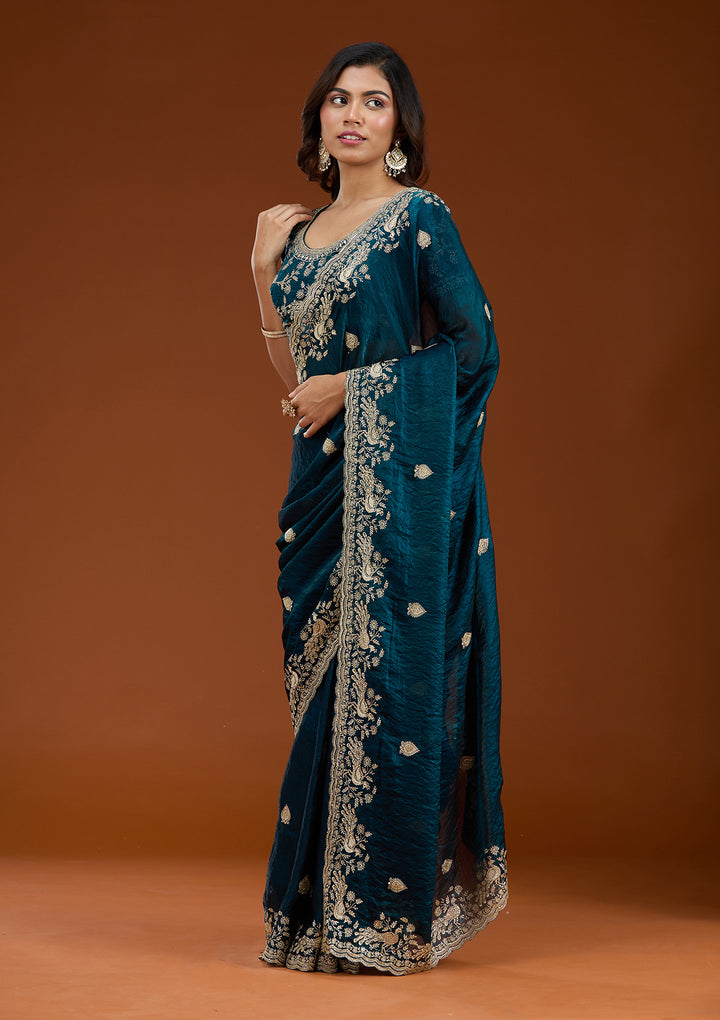 Peacock Blue Zariwork (Gold) Tissue Saree
