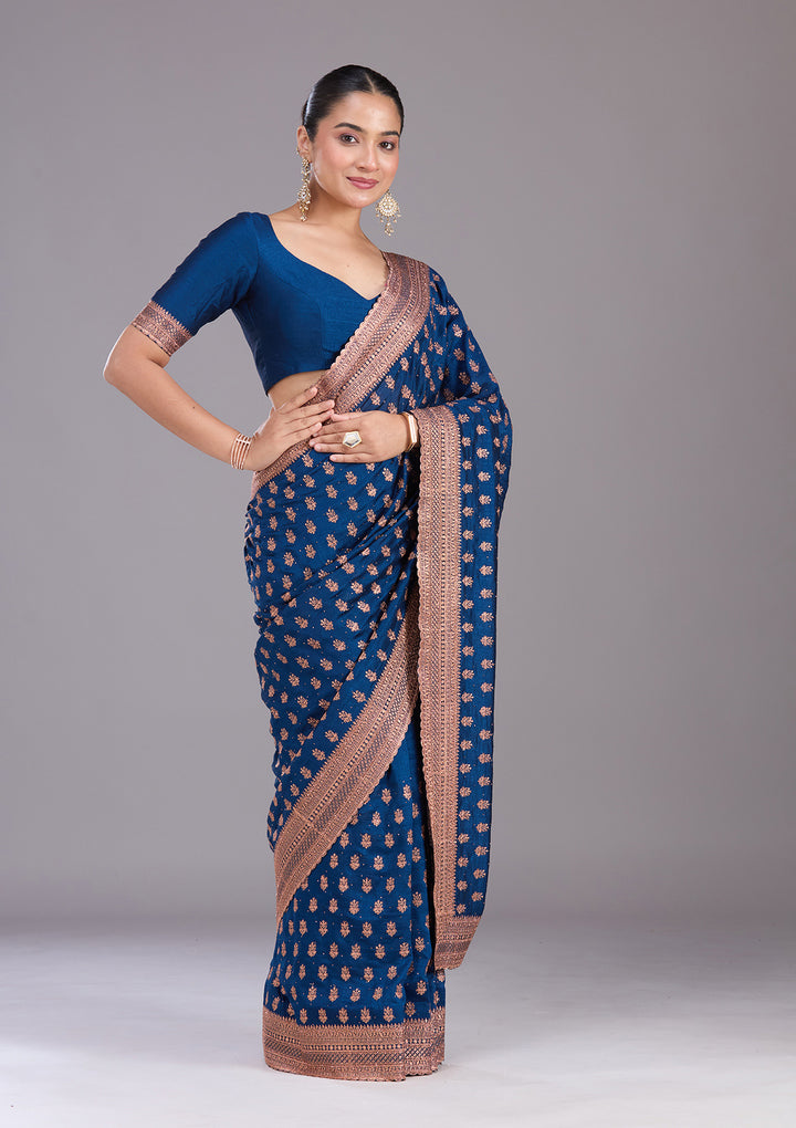 Peacock Blue Zariwork (Antique) Soft Raw Silk Saree