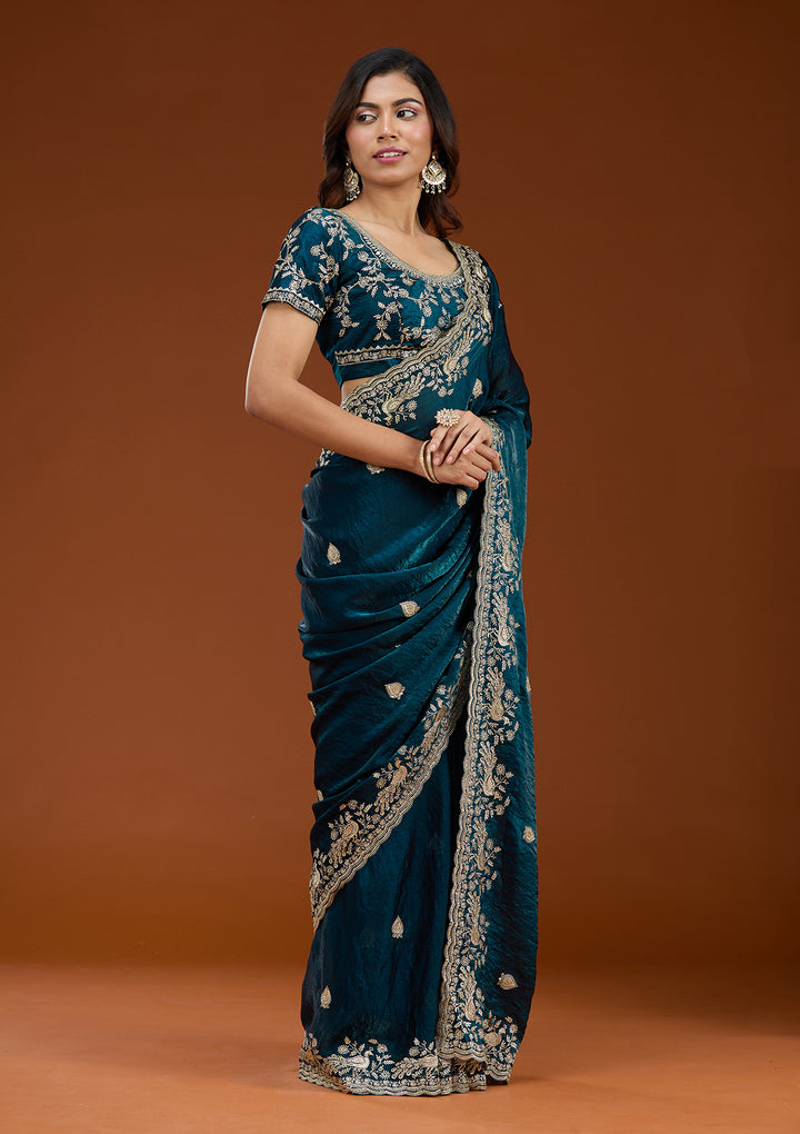 Peacock Blue Zariwork (Gold) Tissue Saree