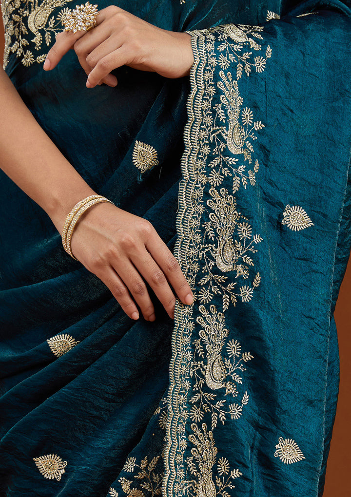 Peacock Blue Zariwork (Gold) Tissue Saree