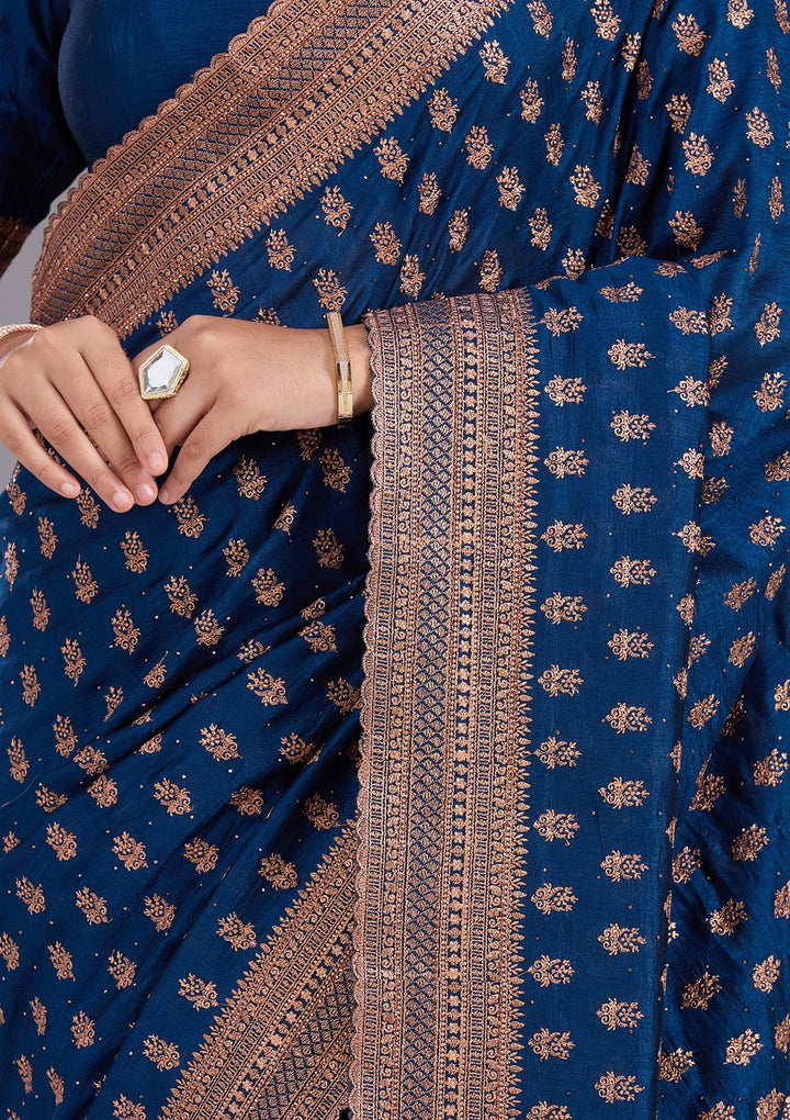 Peacock Blue Zariwork (Antique) Soft Raw Silk Saree