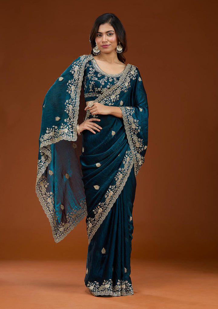 Peacock Blue Zariwork (Gold) Tissue Saree