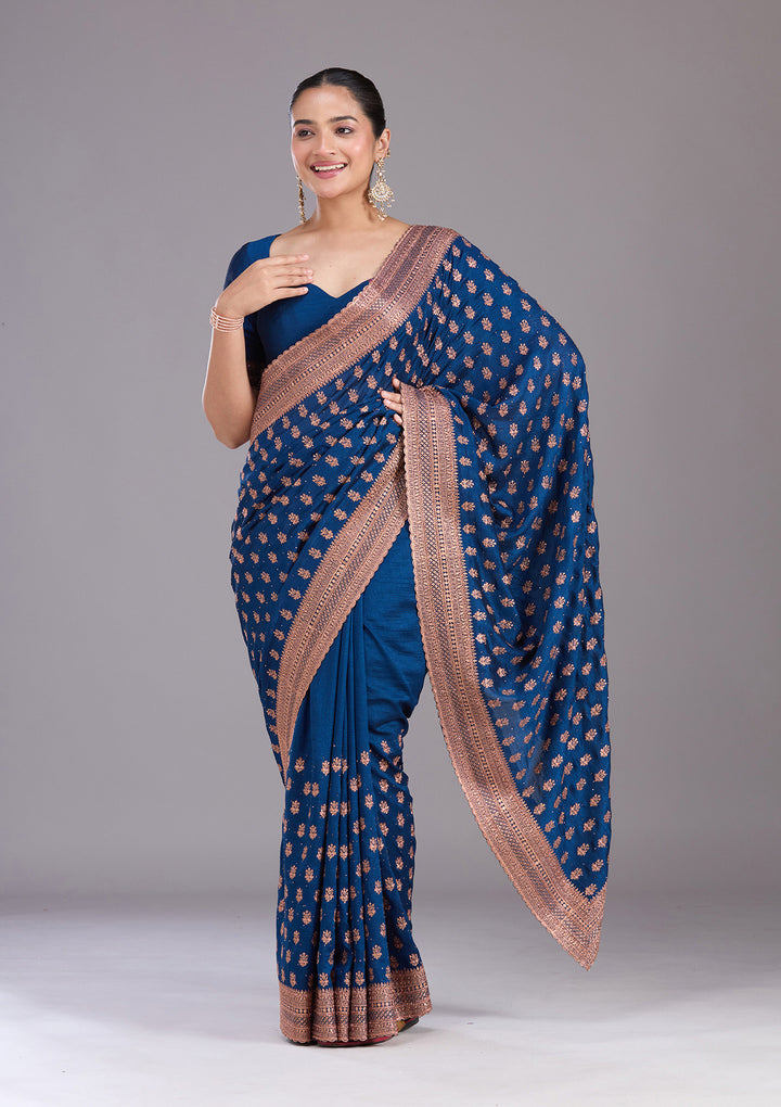Peacock Blue Zariwork (Antique) Soft Raw Silk Saree