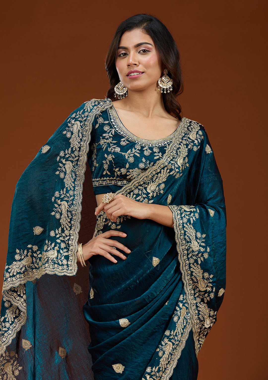 Peacock Blue Zariwork (Gold) Tissue Saree