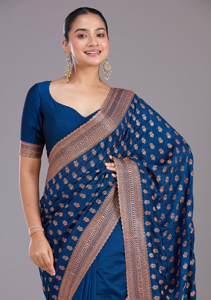 Peacock Blue Zariwork (Antique) Soft Raw Silk Saree