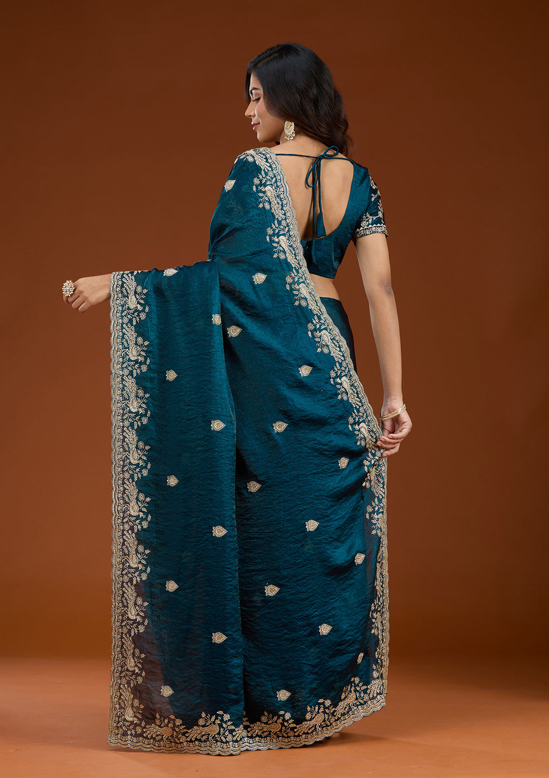 Peacock Blue Zariwork (Gold) Tissue Saree