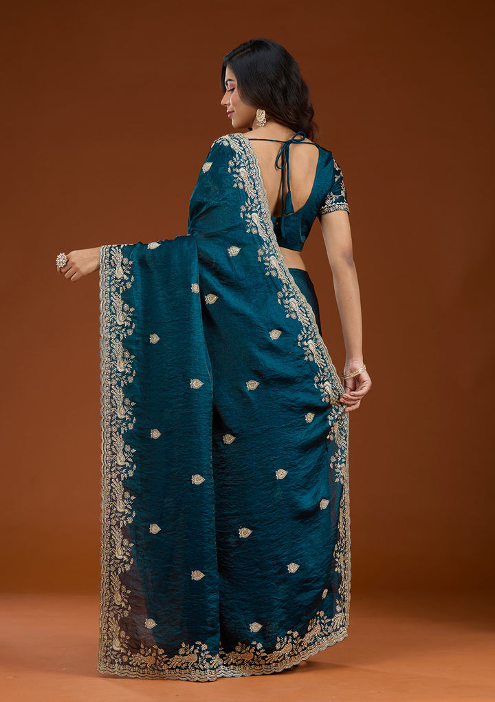 Peacock Blue Zariwork (Gold) Tissue Saree