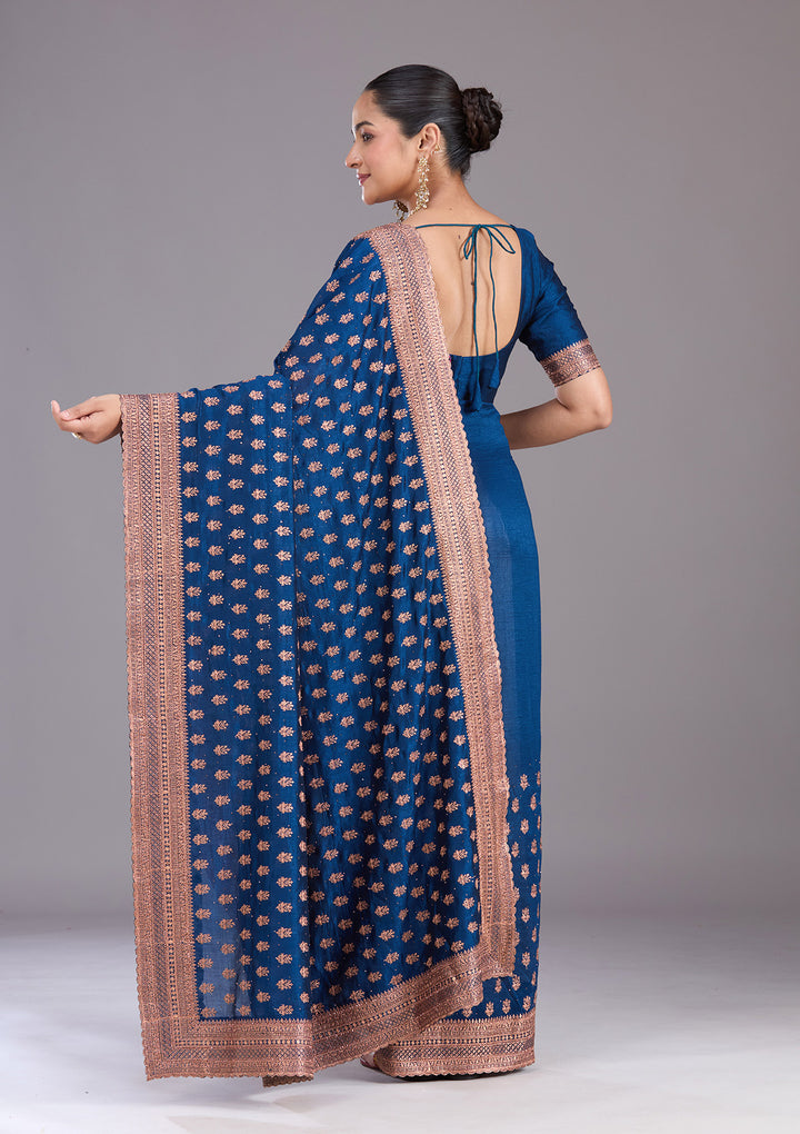 Peacock Blue Zariwork (Antique) Soft Raw Silk Saree