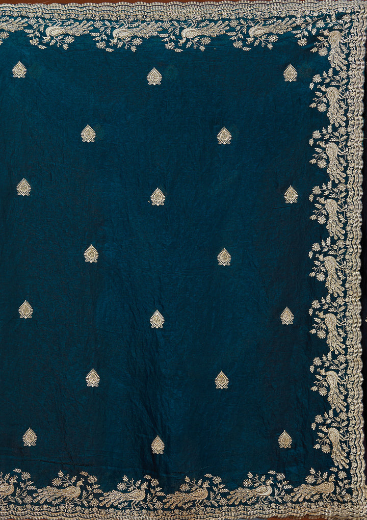 Peacock Blue Zariwork (Gold) Tissue Saree