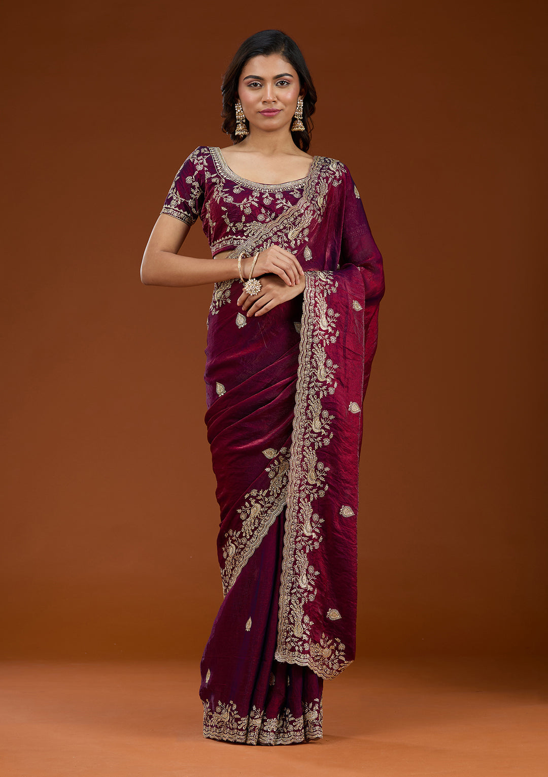 Wine Zariwork (Gold) Tissue Saree