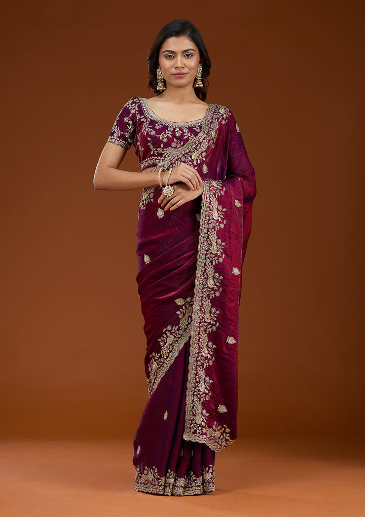 Wine Zariwork (Gold) Tissue Saree