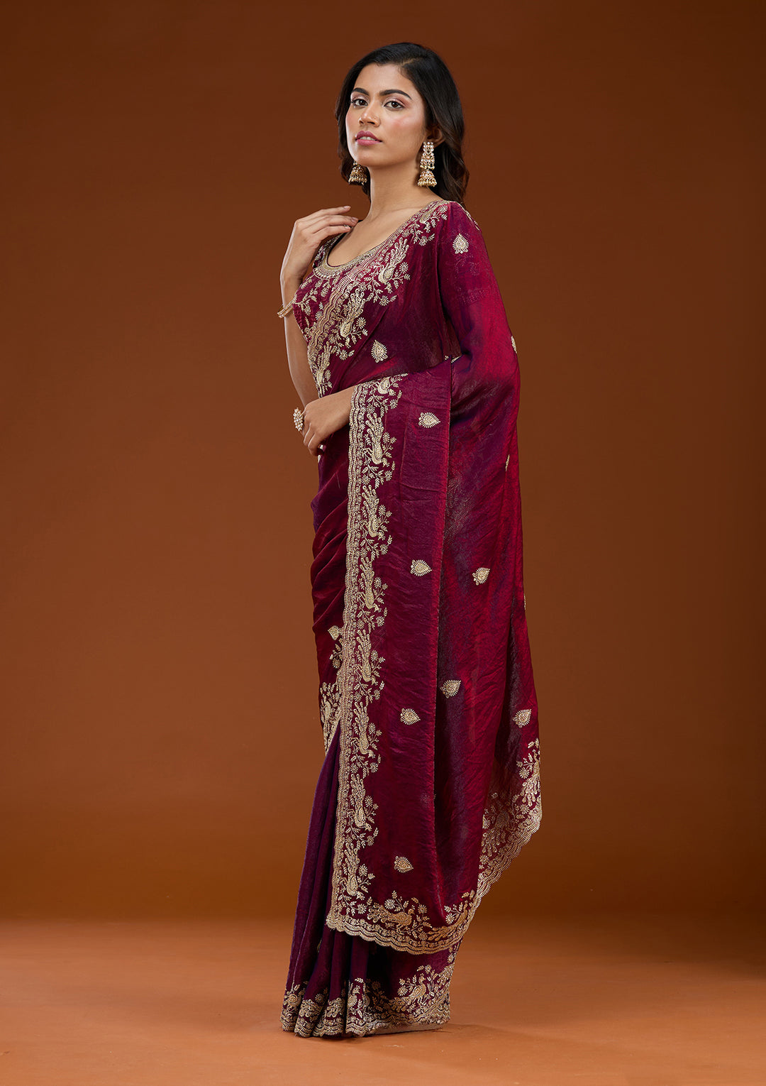 Wine Zariwork (Gold) Tissue Saree