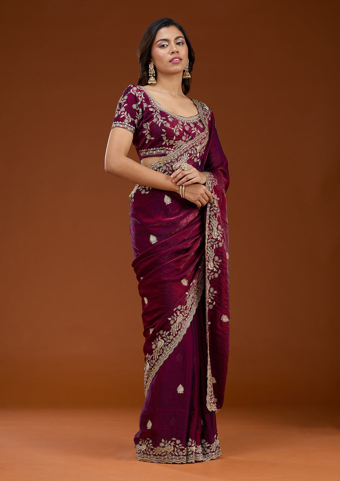 Wine Zariwork (Gold) Tissue Saree