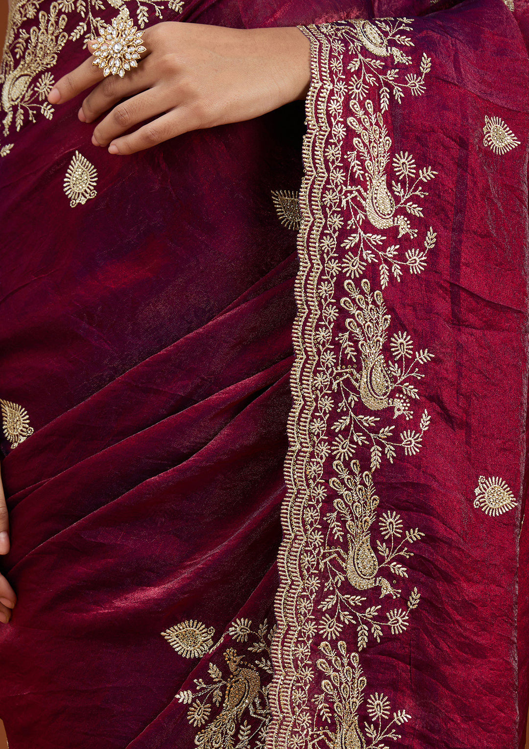 Wine Zariwork (Gold) Tissue Saree