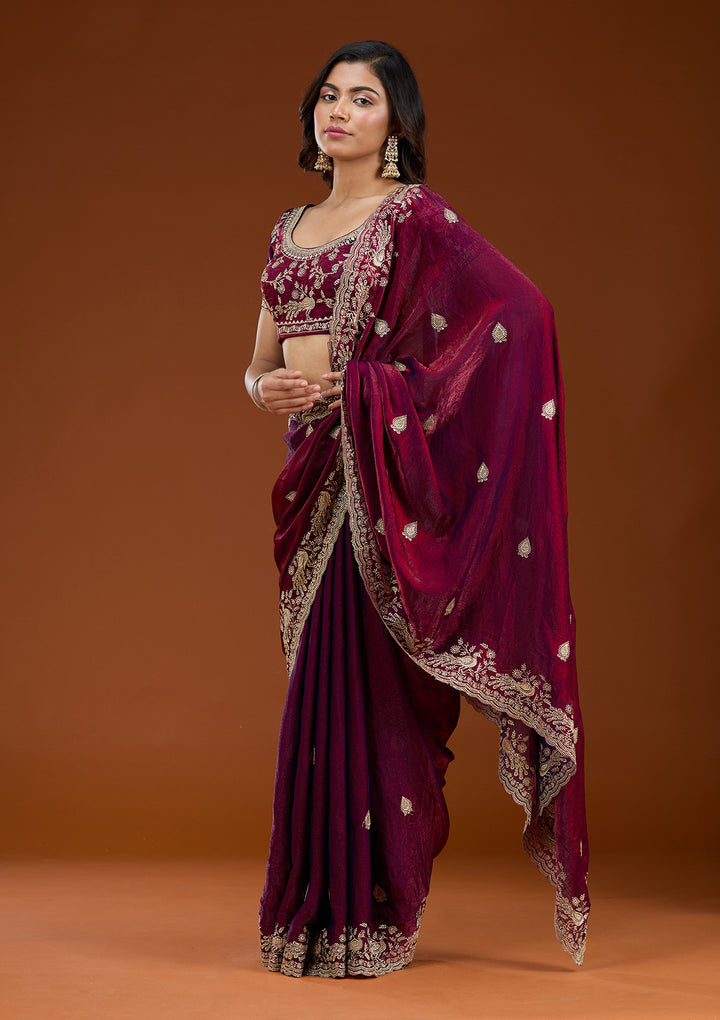 Wine Zariwork (Gold) Tissue Saree