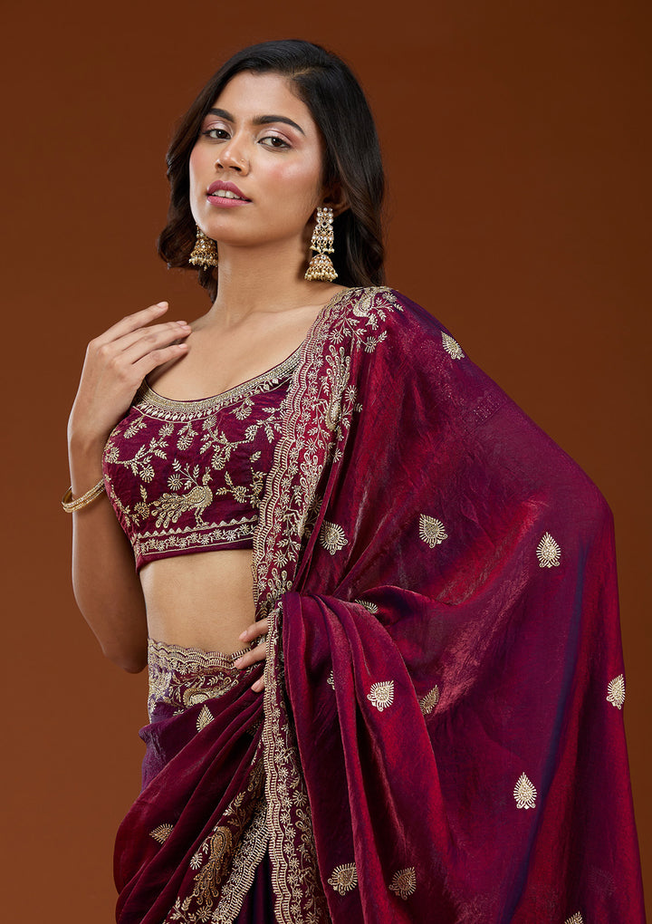 Wine Zariwork (Gold) Tissue Saree