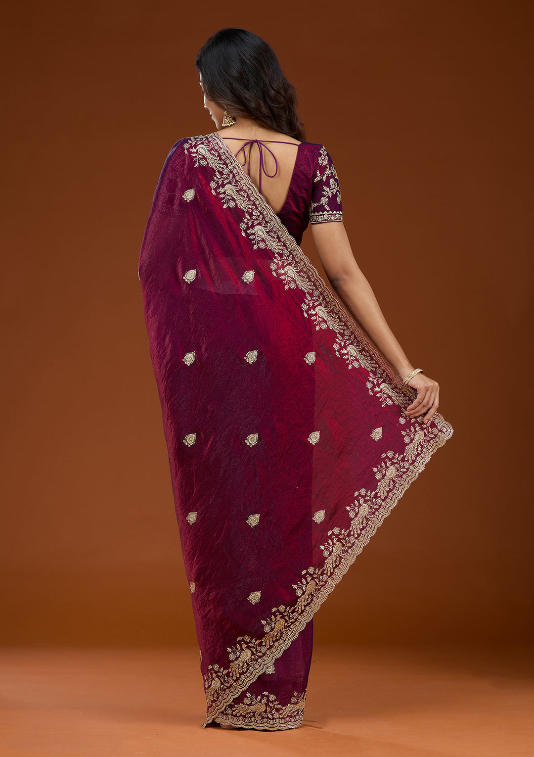 Wine Zariwork (Gold) Tissue Saree