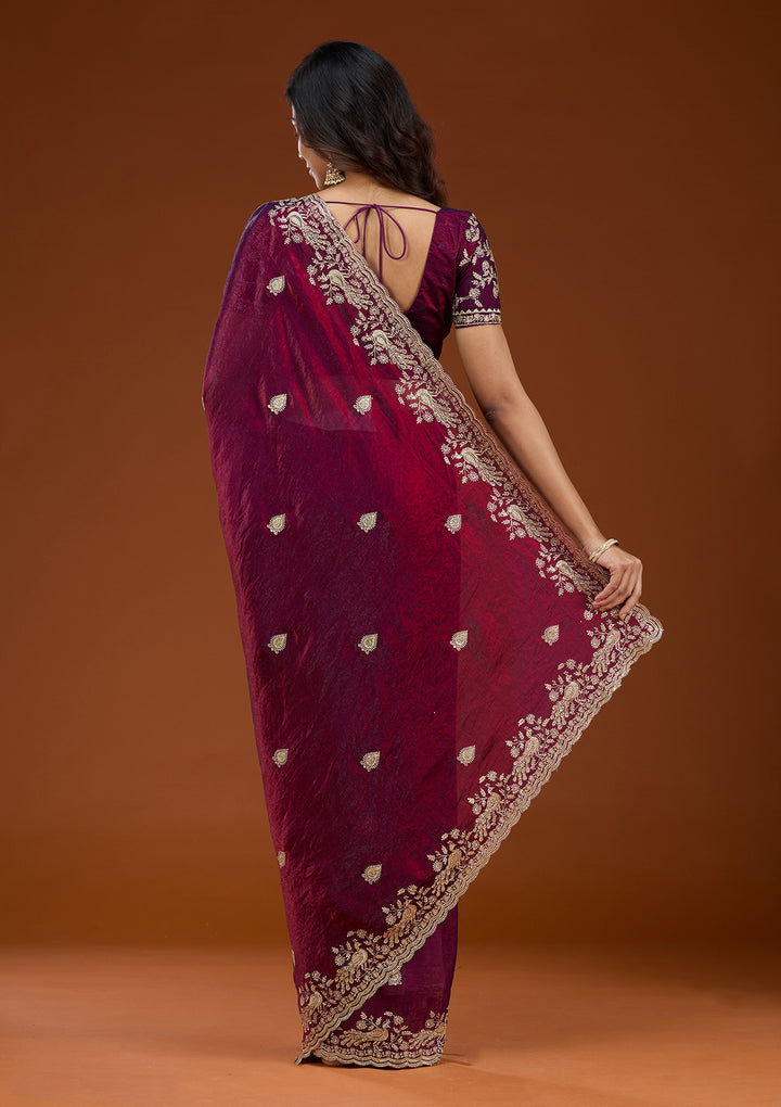 Wine Zariwork (Gold) Tissue Saree