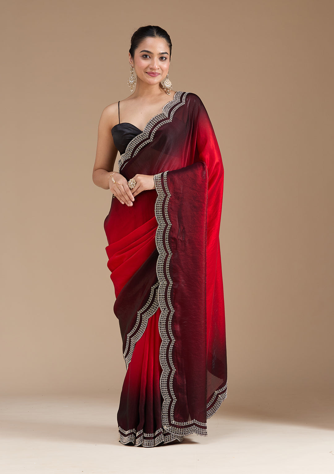 Red Stonework (Gold) Tissue Saree
