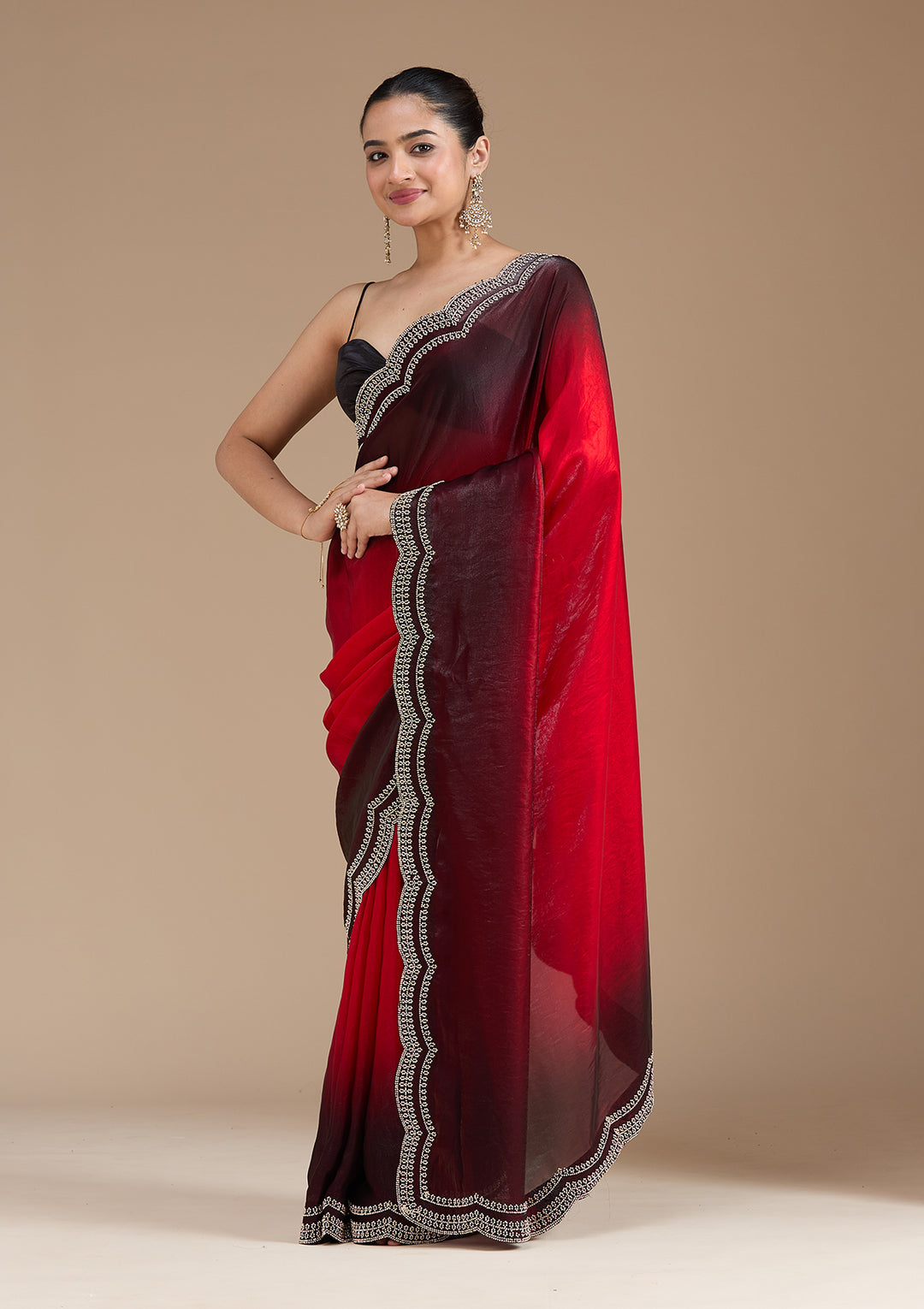 Red Stonework (Gold) Tissue Saree