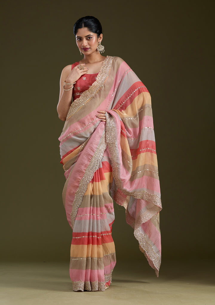 Yellow Sequins Organza Saree